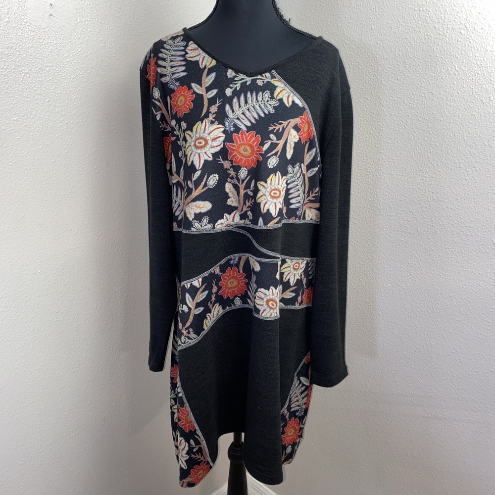 Serengeti Dress Women's 1X Black Floral Colorblock Cottage Boho Artsy